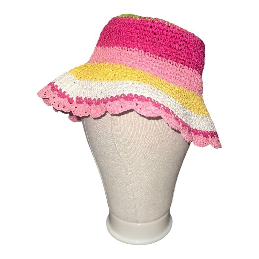 Gymboree Striped Straw Crochet Bucket Hat Wide Brim Pretty Lady Girls 8 & Up EUC